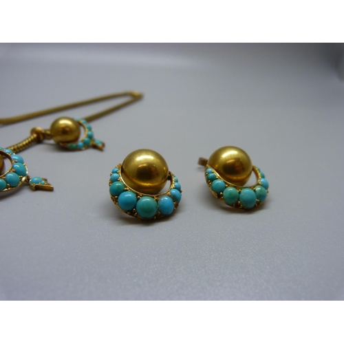 862 - A circa 1900 yellow metal and turquoise necklace with matching earrings, total weight 43.5g