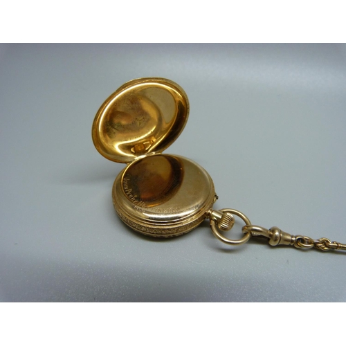 867 - A 15ct gold fob watch with 15ct gold chain, John Perry, Nottingham, chain 5g, 31mm case, weight of w... 