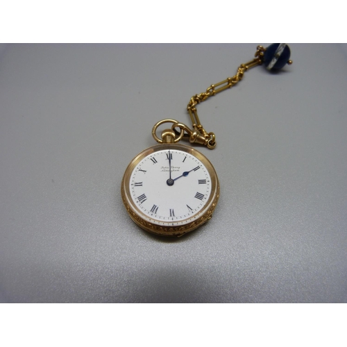 867 - A 15ct gold fob watch with 15ct gold chain, John Perry, Nottingham, chain 5g, 31mm case, weight of w... 