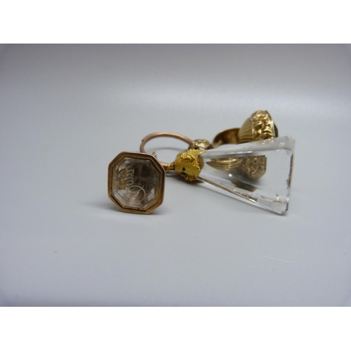 883 - Three yellow metal mounted fobs, crystal fob 37mm