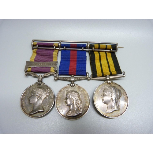 889 - A group of three Victorian medals, Second China War Medal with Taku Forts 1860 clasp, New Zealand Me... 