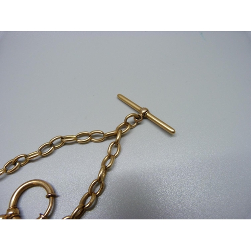 903 - A long 18ct gold Albert chain with two 9ct gold clips and a plated circular fastener, total weight 6... 