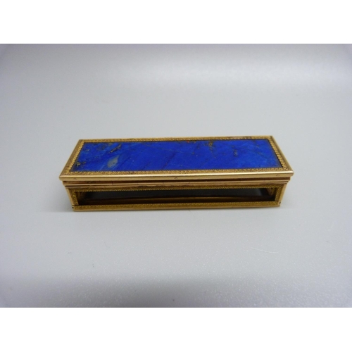 904 - A yellow metal casket with lapis lazuli base, lacking panels, length 61mm