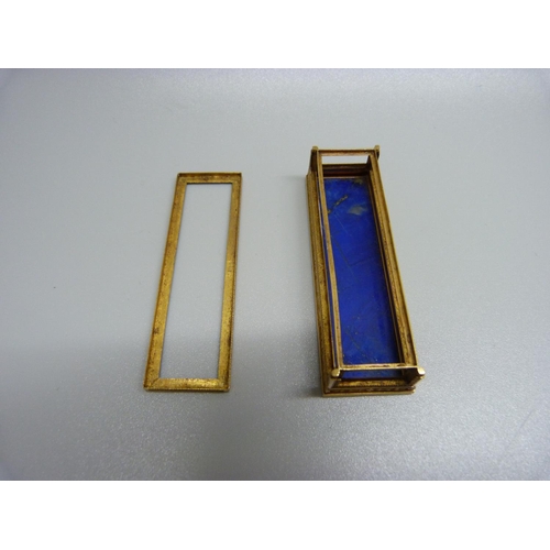 904 - A yellow metal casket with lapis lazuli base, lacking panels, length 61mm