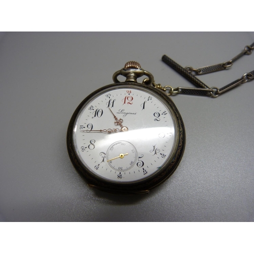 909 - A Longines Chronometer pocket watch with niello case and Albert chain, marked 800