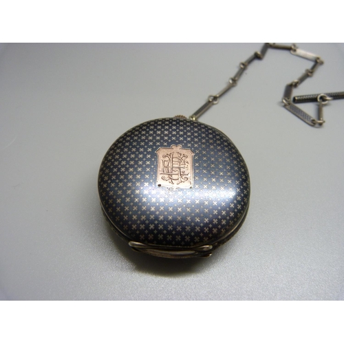 909 - A Longines Chronometer pocket watch with niello case and Albert chain, marked 800