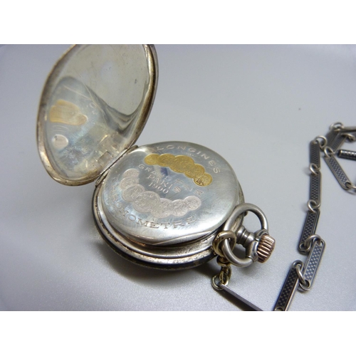 909 - A Longines Chronometer pocket watch with niello case and Albert chain, marked 800