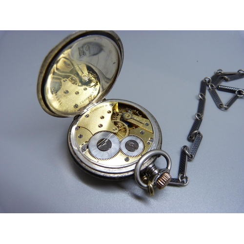 909 - A Longines Chronometer pocket watch with niello case and Albert chain, marked 800