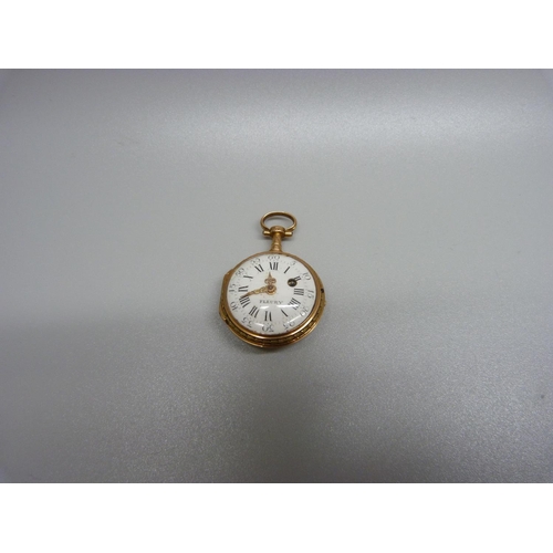 919 - A yellow metal fob watch, with continental control mark on the stem, the dial marked Fleury, dial cr... 