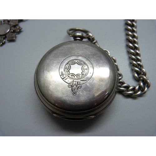 962 - A silver pocket watch on a large silver Albert chain, each graduated link marked, the dial marked E.... 