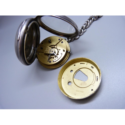 962 - A silver pocket watch on a large silver Albert chain, each graduated link marked, the dial marked E.... 