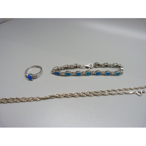 965 - A silver and synthetic opal bracelet, ring and a pendant and chain