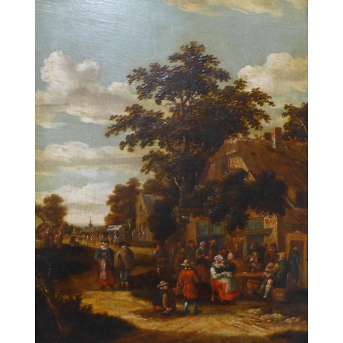 8 - Flemish School (19th Century), pair of landscapes with merry villagers outside a tavern and villager... 