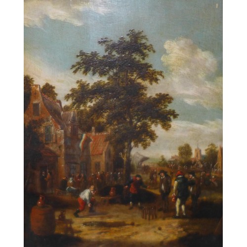 8 - Flemish School (19th Century), pair of landscapes with merry villagers outside a tavern and villager... 