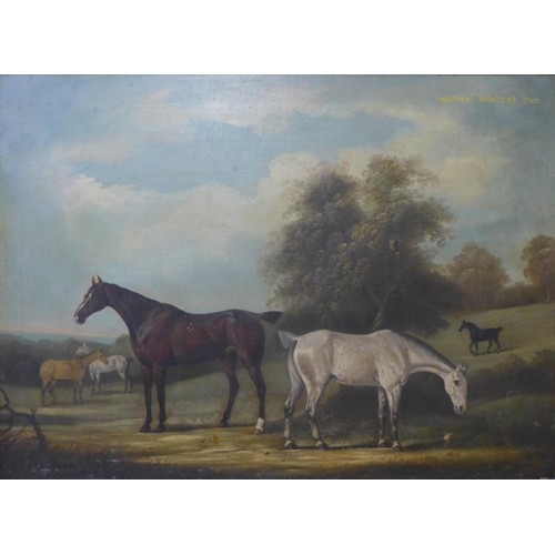 9 - English School (19th Century), landscape with horses in a field, titled Watnal Hunters, 1810, oil on... 