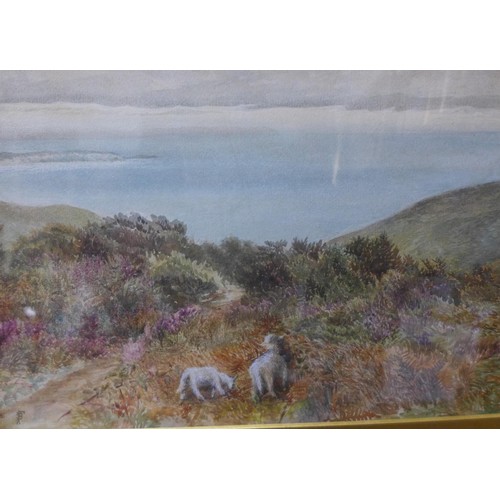 59 - Manner of Myles Birket Foster RWS (1825-1899), landscape with sheep grazing by a coastal path, water... 