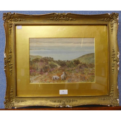 59 - Manner of Myles Birket Foster RWS (1825-1899), landscape with sheep grazing by a coastal path, water... 