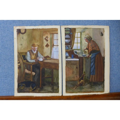 62 - English School (early 20th Century), pair of interior kitchen scenes, watercolour on card, unsigned,... 