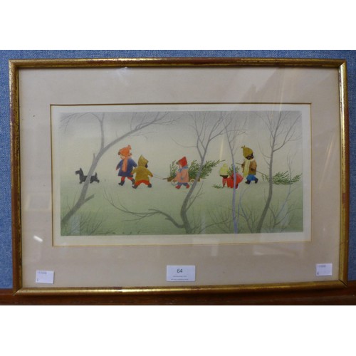 64 - * Mays, children collecting Christmas trees, watercolour, 19 x 35cms, framed