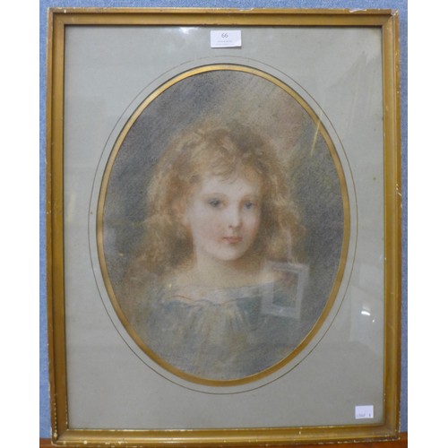 66 - English School (19th Century), oval portrait of a young girl, pastel, unsigned, 39 x 30cms, framed