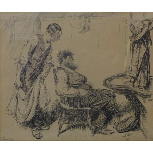 75 - A signed Claude Shepperson etching, The Barber, framed and a print, titled The Will, framed