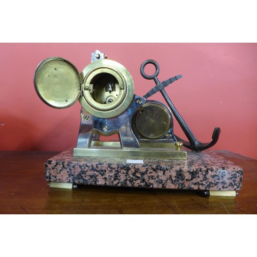 88 - A 19th Century French industrial Naval themed desk clock and barometer, on marble stand with spirit ... 