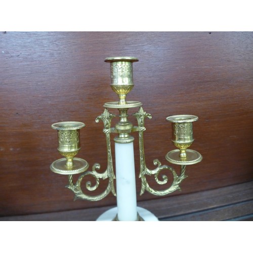 614 - A pair of 19th Century gilt bronze and marble double light candelabra, 26.5cm, one repaired