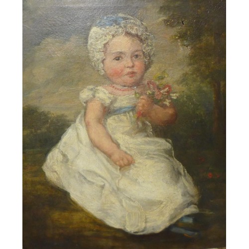 57 - English School (18th Century), naive portrait of a young girl, oil on canvas, 58 x 49cms, framed