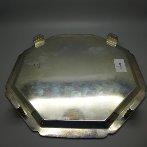 847 - A large octagonal silver salver, Walker & Hall, with inscription dated 1945, 801g, 27cm