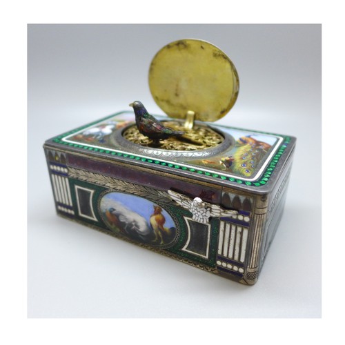 742 - A late 19th Century Swiss rectangular enamel gilt and white metal singing bird automaton music box, ... 