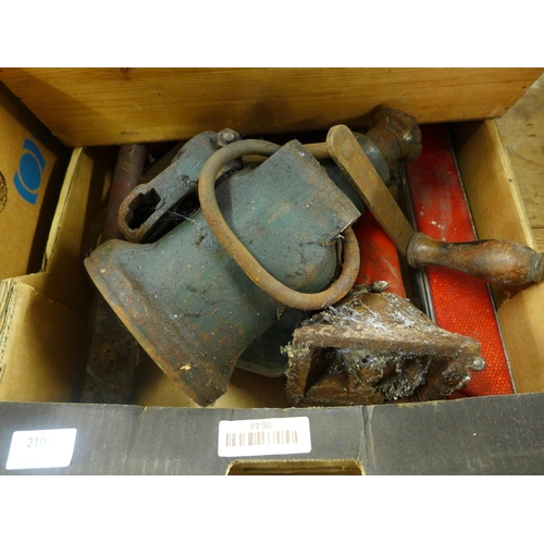 2103 - 4 boxes of assorted hand tools - bench grinder, bottle jack, vintage Army headset, chain, etc.