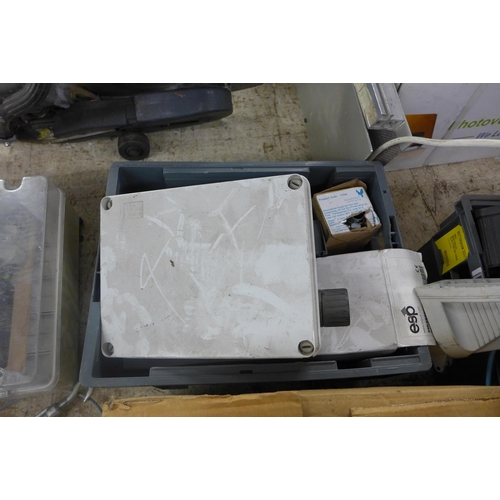 2110 - Quantity of boxed, unused RCD breakers, miscellaneous sockets and consumer supply units