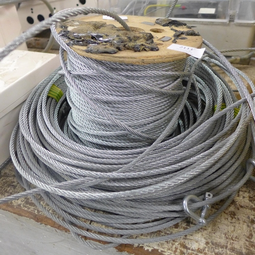 2111 - 3 reels of Ca. 6-7mm gauge steel cable, approx 60m total length