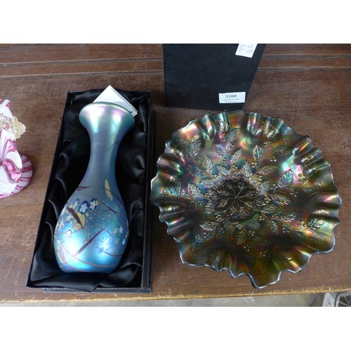 1160 - An Okra Glass studio vase, a carnival glass dish, a 19th Century Salviati Murano aventurine zanfiric... 