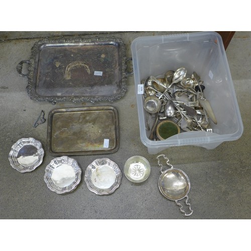 1170 - A collection of plated ware, two trays (one a/f) dishes and flatware