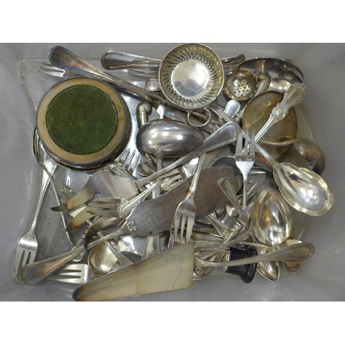 1170 - A collection of plated ware, two trays (one a/f) dishes and flatware