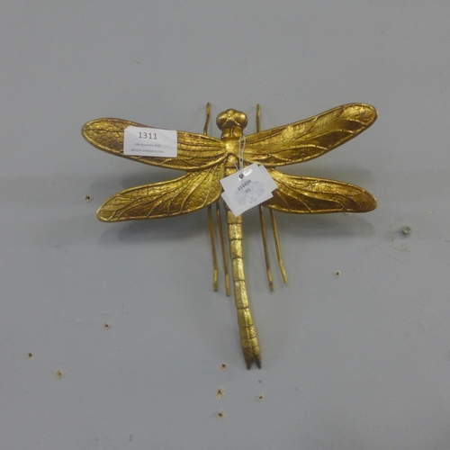 1311 - A medium gold coloured dragonfly wall figure, H 21cms (TPR4411)   #