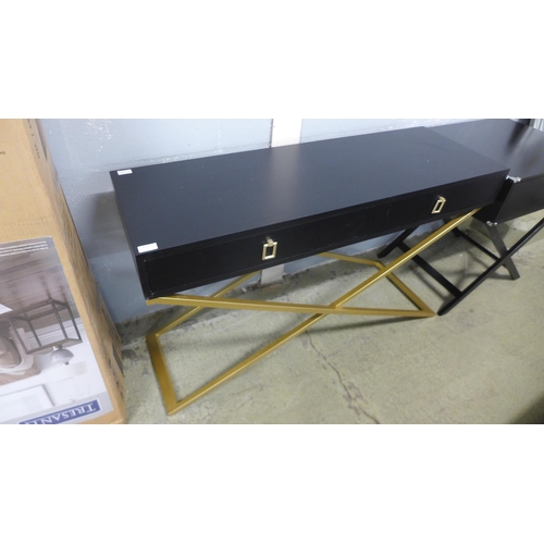 1589 - A black two drawer console table with gold legs