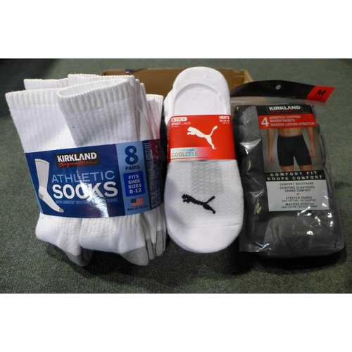 Box of men's underwear including socks and pants - brands: Kirkland  Signature, Pume and 32°C Heat *