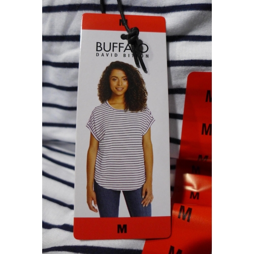 3178 - Bag of women's Buffalo Navy Stripe T-shirts, all size medium, approx. 25 in lot