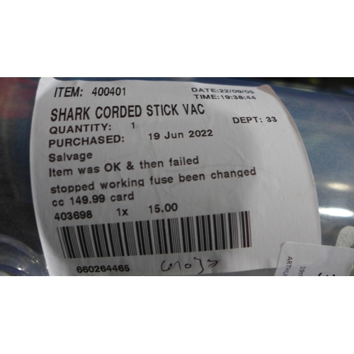 3284 - Shark Corded Stick Vacuum Cleaner (HZ400UKT), original RRP £149.99 + VAT (273-196) * This lot is sub... 