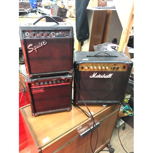 2242 - Rhino RGA10, Squire SP10, and Marshall MG15CD guitar practice amplifiers/amps