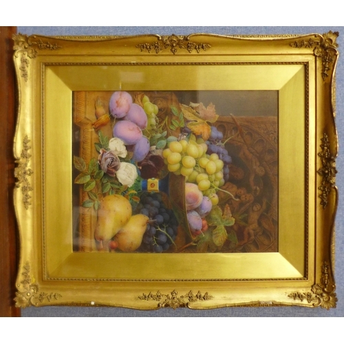 22 - William Hough (1819-1897), still life of plums, pears, grapes and flowers, watercolour, signed and d... 