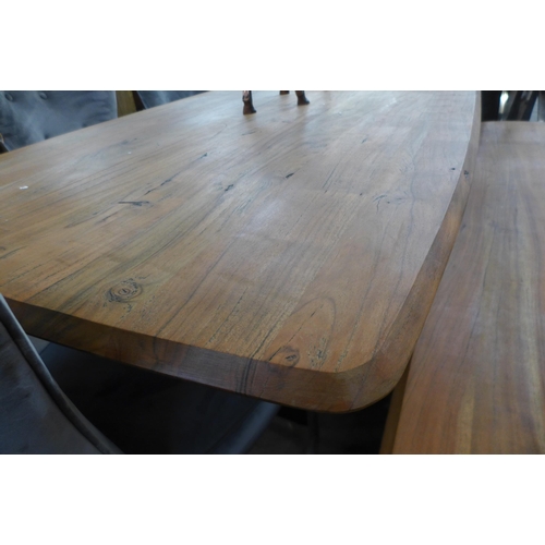 1303 - A Kay black metal and oak top dining table with a set of four Aryin grey velvet button back dining c... 