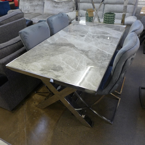 1349 - A Vanquish chrome and grey marble effect dining table with a set of Hugo grey velvet button back din... 