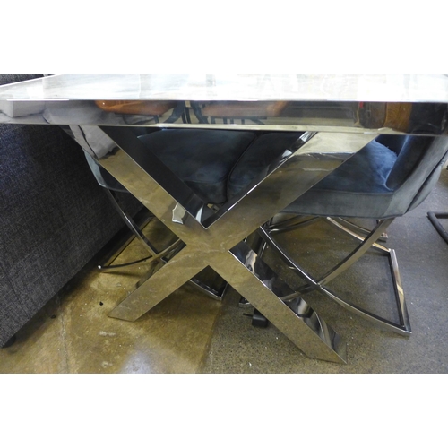 1349 - A Vanquish chrome and grey marble effect dining table with a set of Hugo grey velvet button back din... 