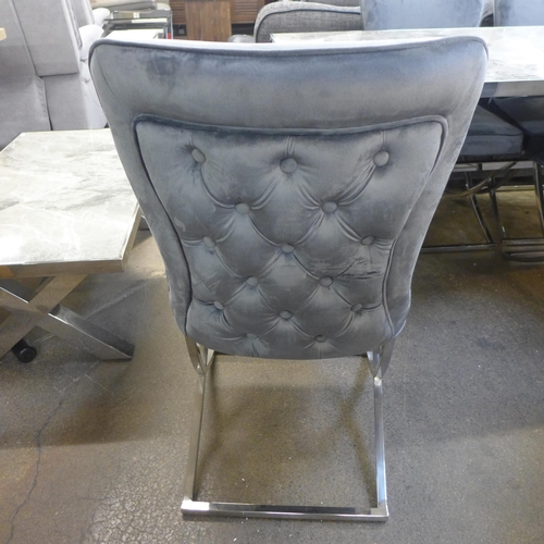 1349 - A Vanquish chrome and grey marble effect dining table with a set of Hugo grey velvet button back din... 