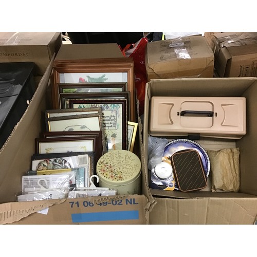 2110 - 2 Tins of buttons and box of haberdashery items and approx. 12 cross-stitch framed pictures and book