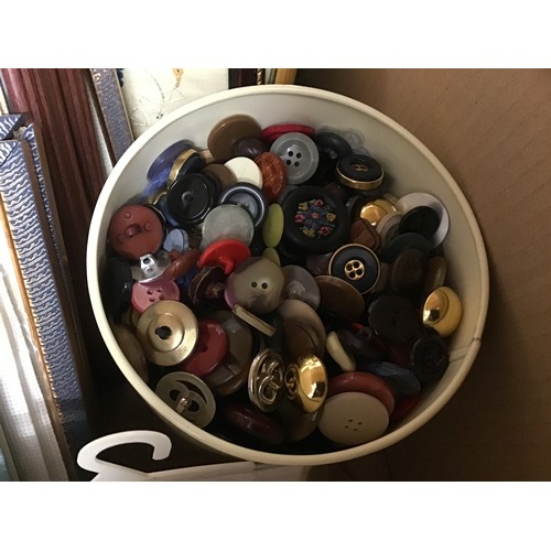 2110 - 2 Tins of buttons and box of haberdashery items and approx. 12 cross-stitch framed pictures and book