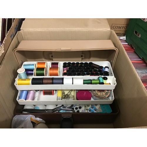 2110 - 2 Tins of buttons and box of haberdashery items and approx. 12 cross-stitch framed pictures and book